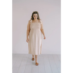 Beige Day Dress with shoulder ties and smocked bodice, perfect for sunny days