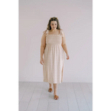 Beige Day Dress with shoulder ties and smocked bodice, perfect for sunny days