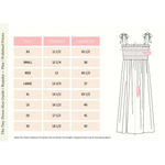 Size chart and dress pattern sketch for Beige Day Dress with Shoulder Ties and Smocked Bodice