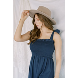 Navy Blue Day Dress with Ruched Bodice and Ruffled Sleeves for Casual Style