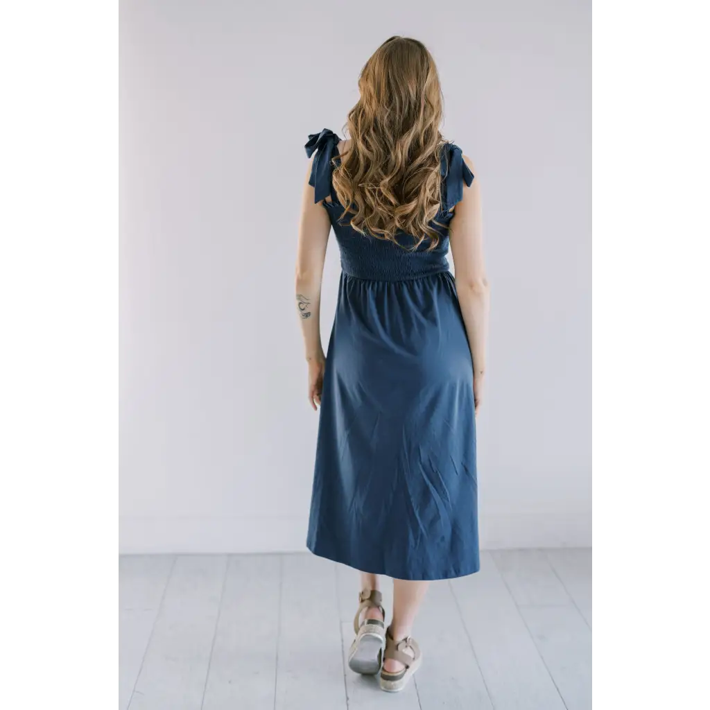 Navy Blue Day Dress with Ruffled Sleeves, perfect for casual everyday wear