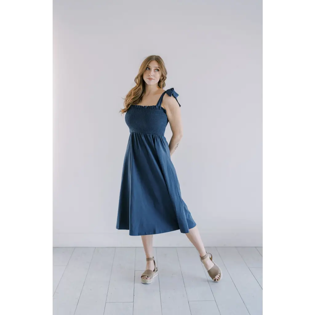 Navy Blue Day Dress with tie shoulder straps and fitted bodice for a chic look