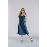 Navy Blue Day Dress with tie shoulder straps and fitted bodice for a chic look
