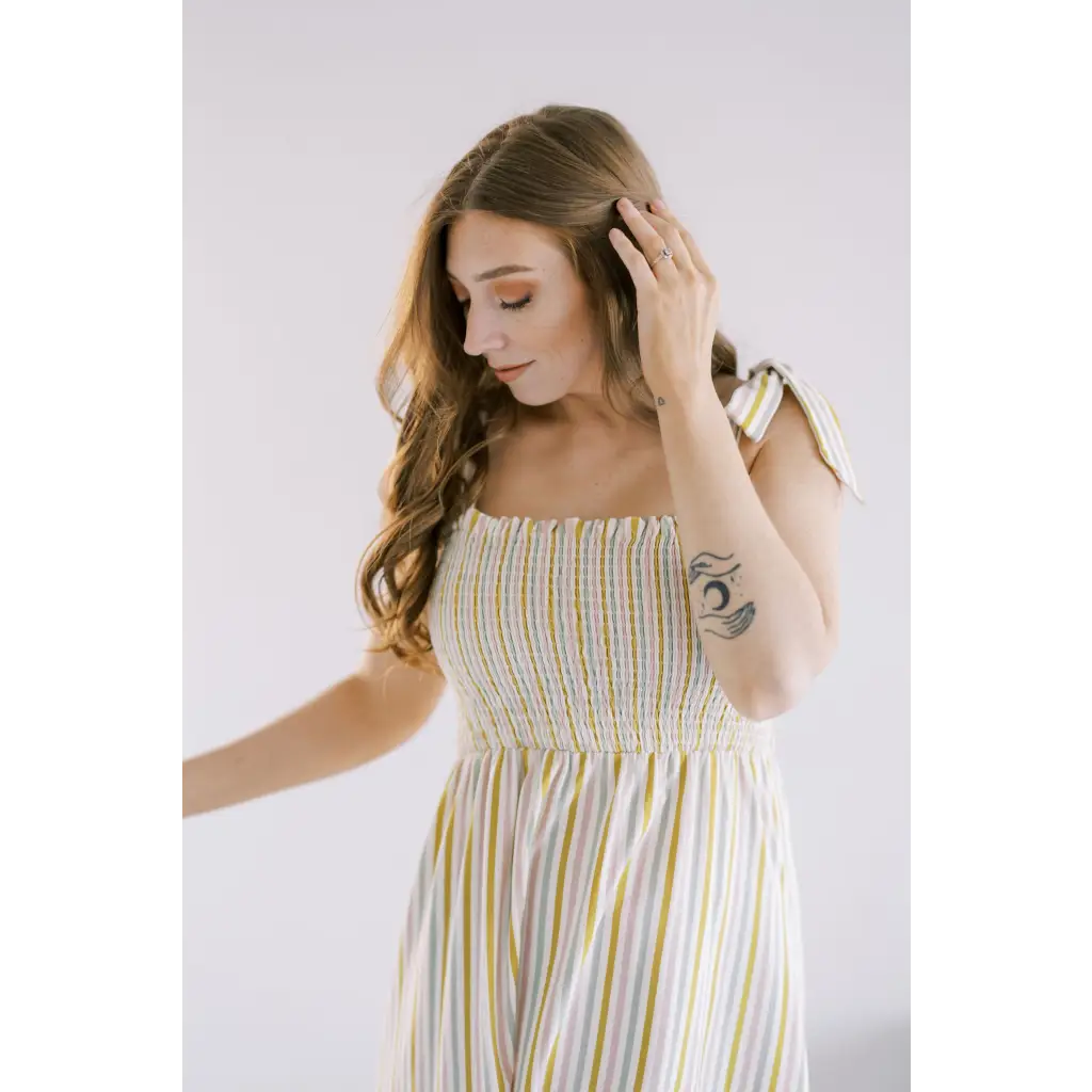 Striped Day Dress with Smocked Bodice and Spaghetti Straps featuring polished prints