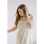 Striped Day Dress with Smocked Bodice and Spaghetti Straps featuring polished prints