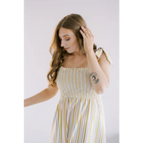 Striped Day Dress with Smocked Bodice and Spaghetti Straps featuring polished prints