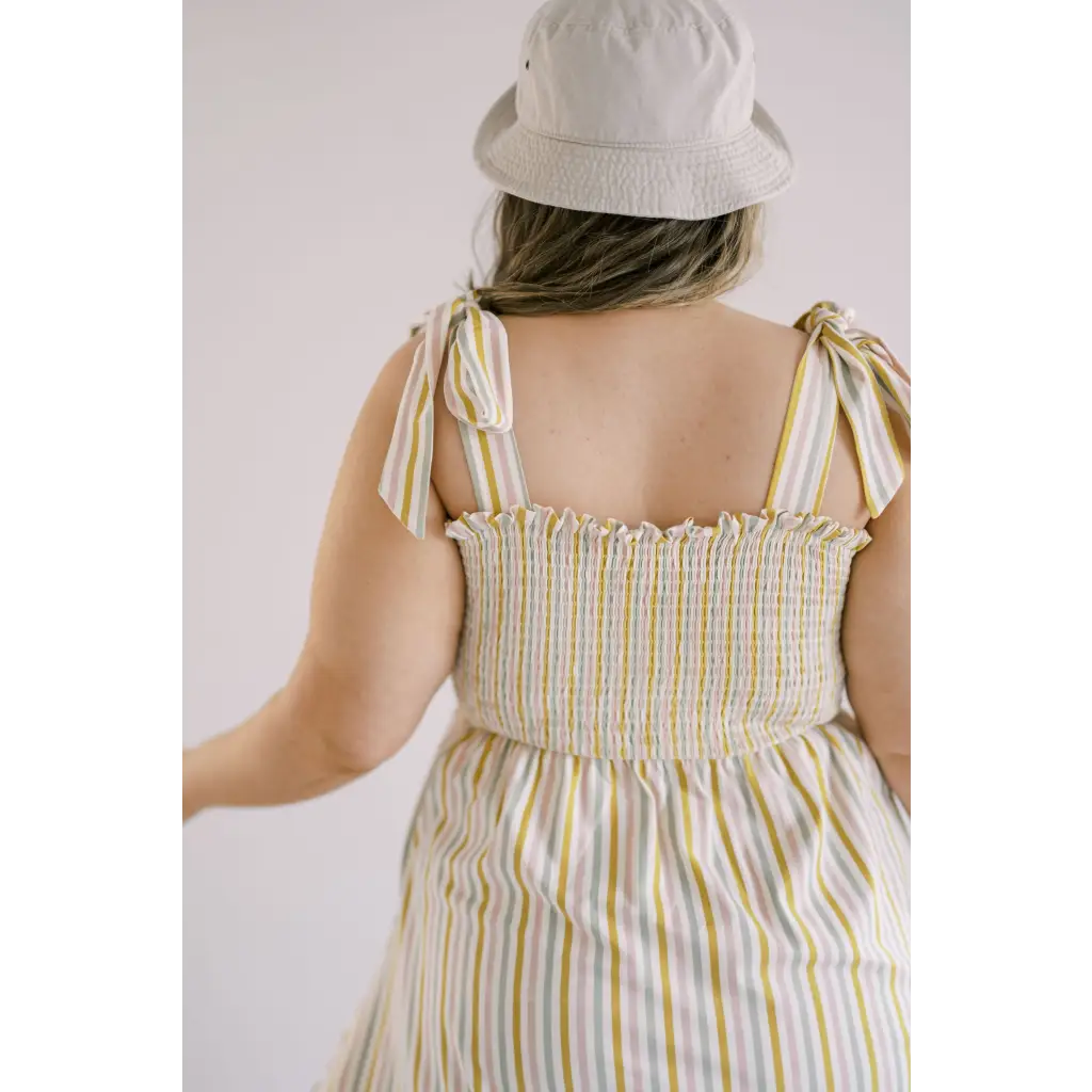 Striped Day Dress with Smocked Bodice and Spaghetti Straps in polished prints