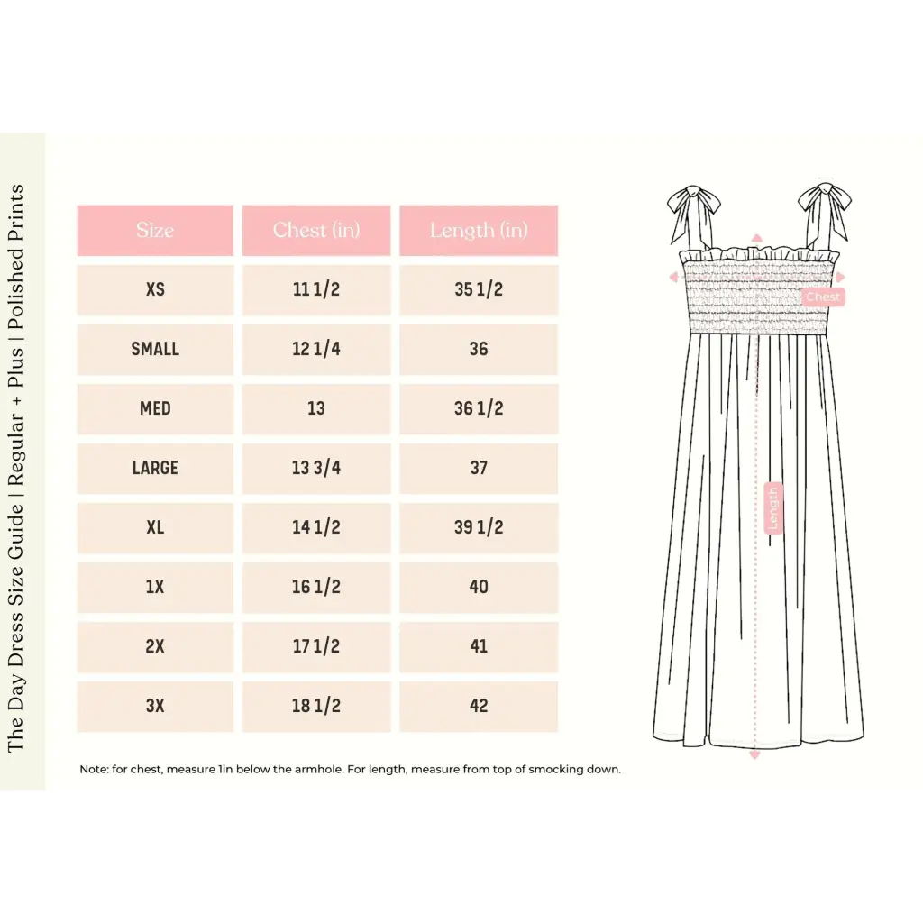 Size chart and dress pattern sketch for a Striped Day Dress with Smocked Bodice