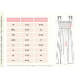 Size chart and dress pattern sketch for a Striped Day Dress with Smocked Bodice