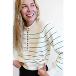 Cream-colored striped Ellen Henley Sweater with buttons and balloon sleeves for classic style