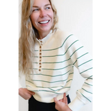 Cream-colored striped Ellen Henley Sweater with buttons and balloon sleeves for classic style