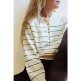 Stylish Ellen Henley Sweater in white and green stripes with decorative buttons