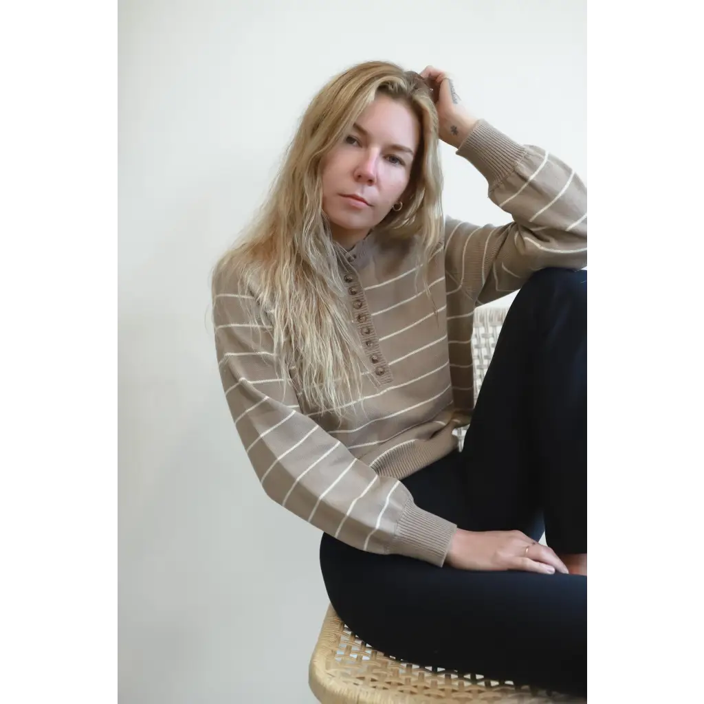 Ellen Henley Sweater in beige and white stripes for a chic classic style look