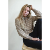 Ellen Henley Sweater in beige and white stripes for a chic classic style look