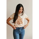 Cream Love Graphic T-shirt featuring retro orange text and polished prints, stylish womens clothes