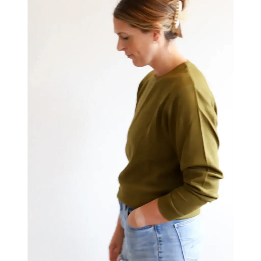Olive green Jenna Knitted Waffle Longsleeve Pullover, perfect for cozy casual days