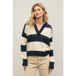 Women’s navy cream striped polo sweater with relaxed fit, perfect for stylish womens clothes
