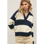 Women’s navy blue and off-white striped V-neck sweater from The Lana Polished Prints collection