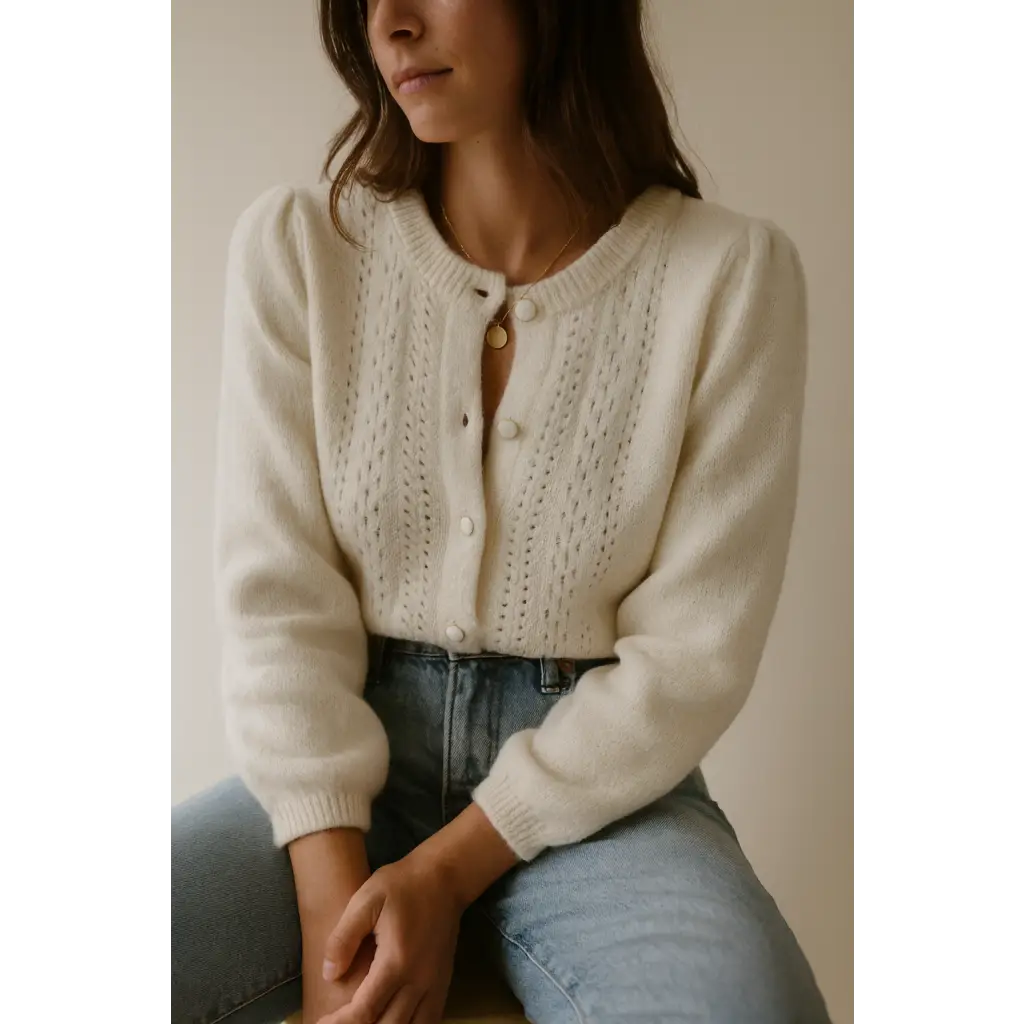 Cream-colored The Luxe Pointelle Henley Sweater with puffed sleeves and openwork detail featuring three peace signs for Peace Signs Camp flag style