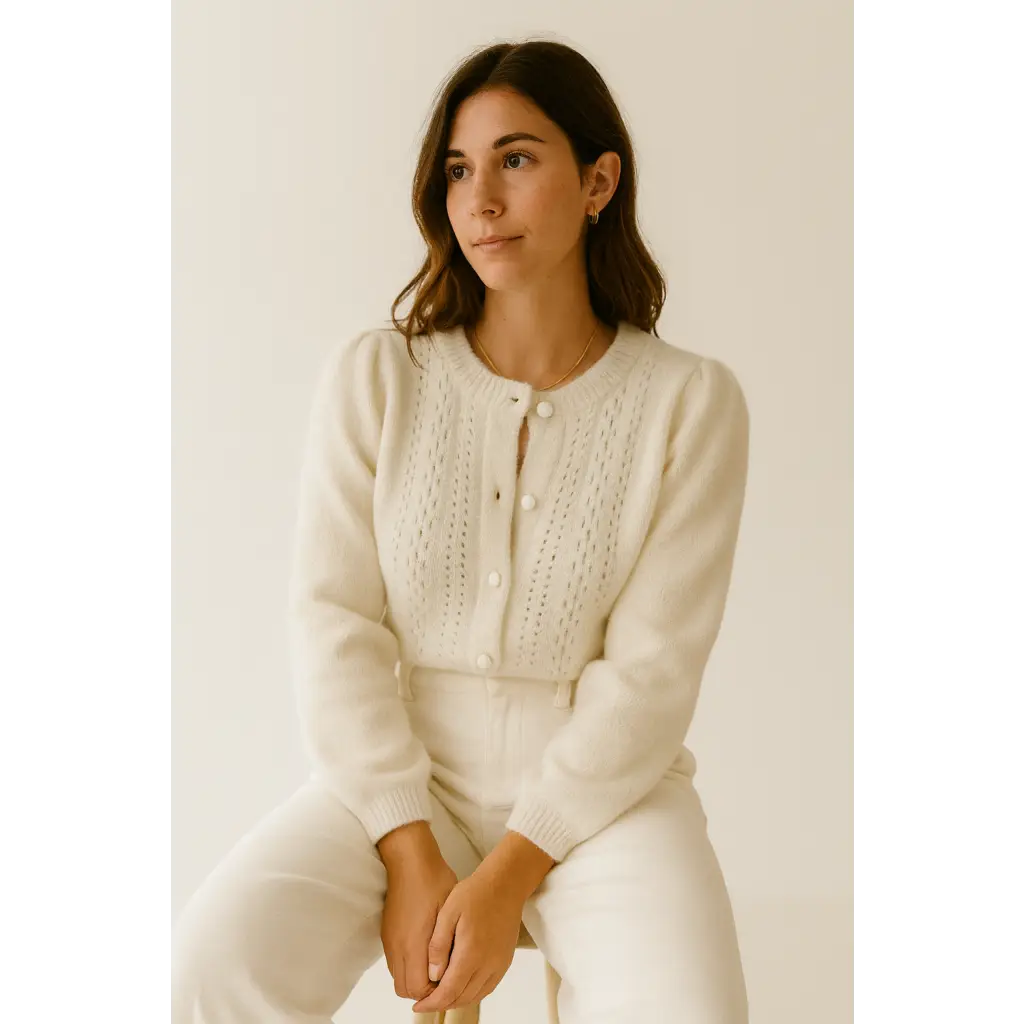 Woman wearing a luxe pointelle Henley sweater with lace-like patterns on the chest