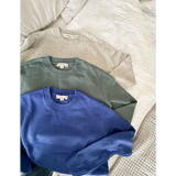 Three Margo Crew Neck Sweaters in Beige, Sage Green, and Royal Blue for cozy style