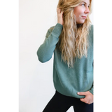 Sage green knit Margo Crew Neck Sweater with ribbed details for cozy vibes