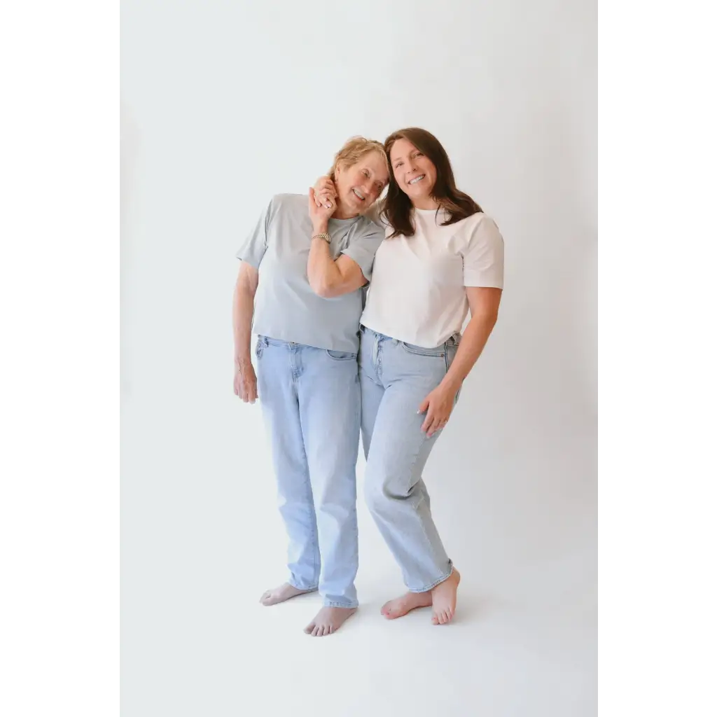 Two women in matching stylish mom crop boxy tees wearing The Mom Crop in Antique White