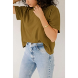Olive green mom crop boxy tee with light wash jeans for a stylish casual look
