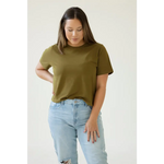 Olive green boxy tee designed for moms styled with light wash distressed jeans
