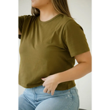 Olive green mom crop boxy tee styled with light blue jeans for a casual vibe