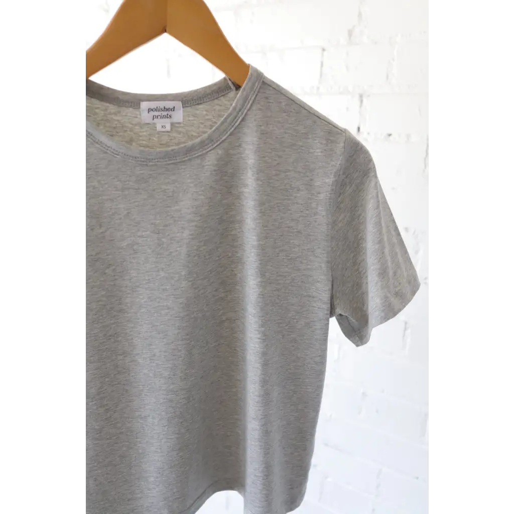 Gray crew neck t-shirt from The Mom Crop with polished prints for stylish womens clothes