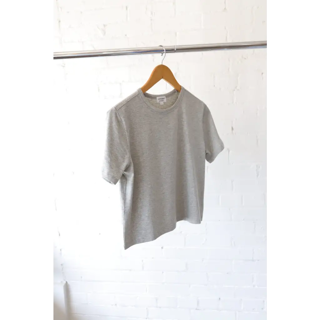 Gray mom crop t-shirt on hanger featuring polished prints, stylish womens clothes