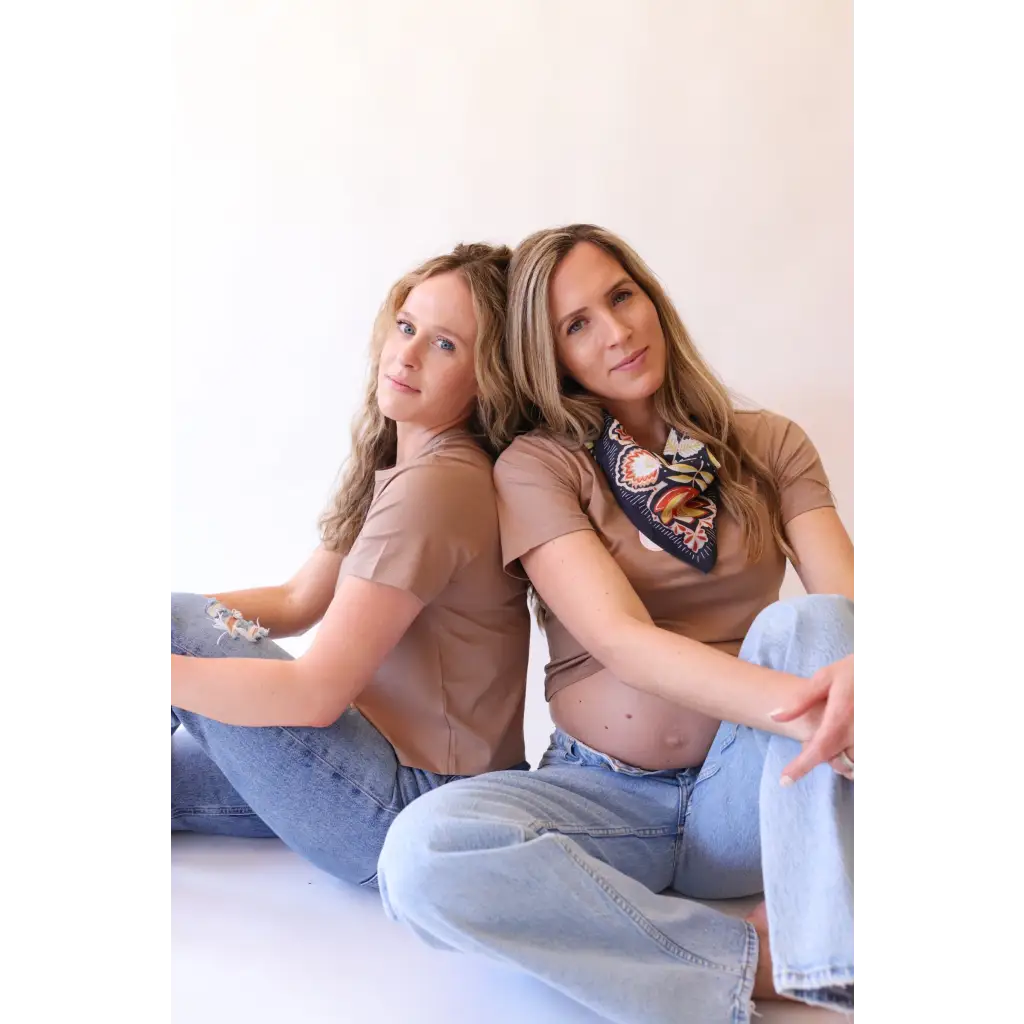 Two women showing off The Mom Crop in Mocha in stylish womens clothes with polished prints