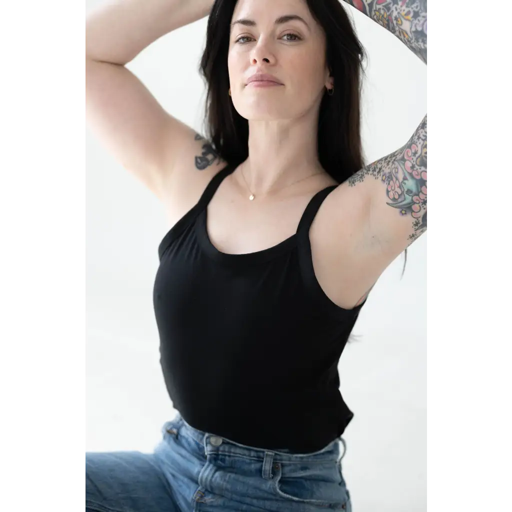 Jet Black Mom Tank with Polished Prints paired with stylish jeans for comfy everyday wear