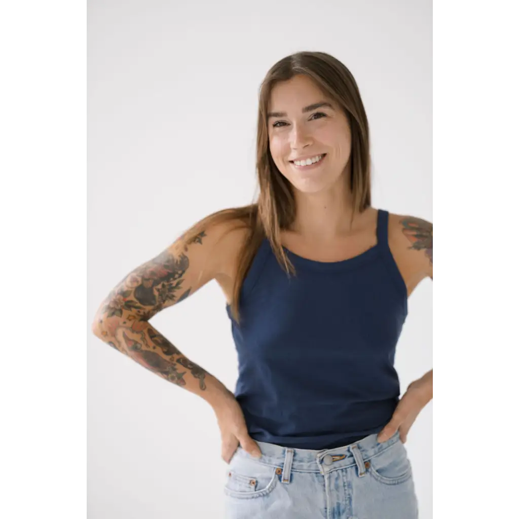 Navy blue sleeveless transitional mom tank top showcasing recommend sizing options