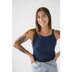 Navy blue sleeveless transitional mom tank top showcasing recommend sizing options