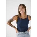 Navy blue sleeveless transitional mom tank top showcasing recommend sizing options