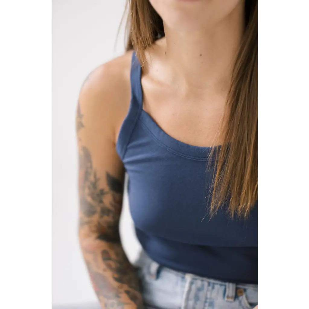 Navy Transitional Mom Tank with thin straps and recommend sizing for a comfy fit