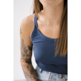 Navy Transitional Mom Tank with thin straps and recommend sizing for a comfy fit