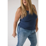 Navy Transitional Mom Tank Top styled with light wash jeans and recommend sizing tips