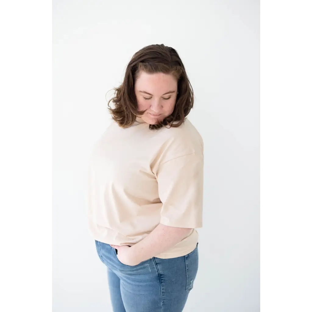 Cream Mom Tee in Organic Cotton and Spandex Blend with three-quarter sleeves