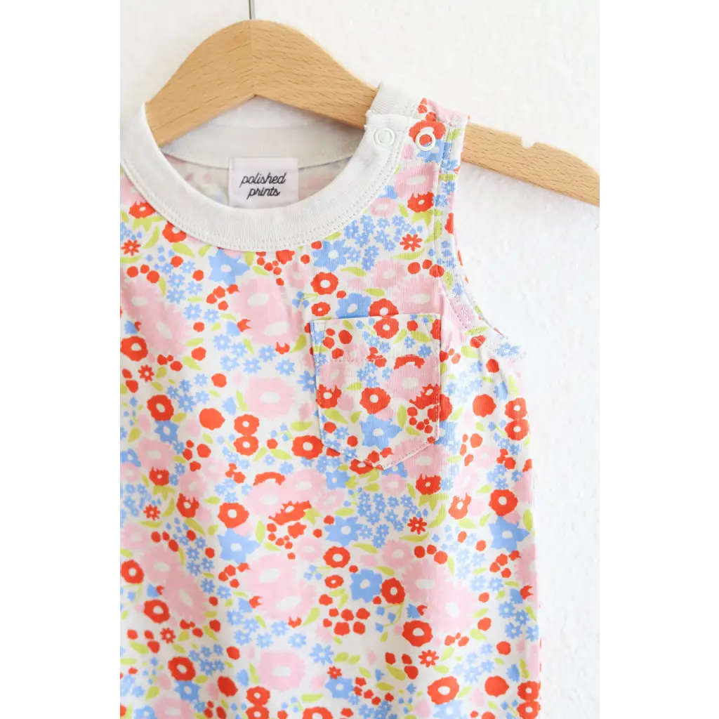 Floral print sleeveless dress on a hanger for Super Soft Organic Cotton Pocket Playsuit