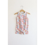 Floral sleeveless romper on a wooden hanger for toddlers in super soft organic cotton