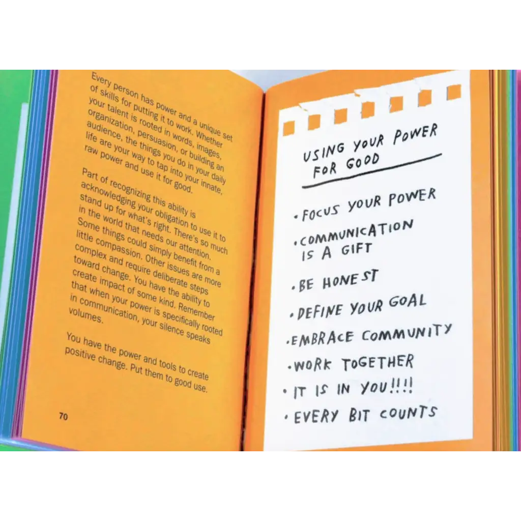 Open book with handwritten notes on using your power for good in Quirky Collection for Creatives