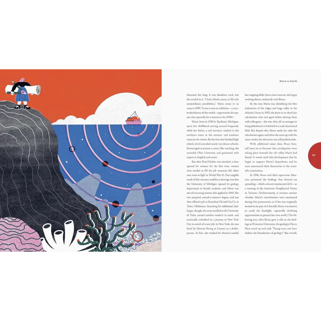 Illustration of a whale swimming under waves in To Her Credit, showcasing historic achievements