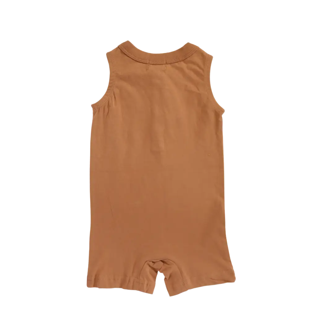 Sleeveless brown Henley Shorty Romper with shorts for little explorers in soft cotton