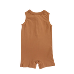 Sleeveless brown Henley Shorty Romper with shorts for little explorers in soft cotton