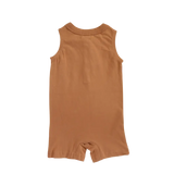 Sleeveless brown Henley Shorty Romper with shorts for little explorers in soft cotton