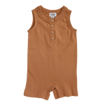 Sleeveless brown Henley Shorty Romper with button placket for little adventurers