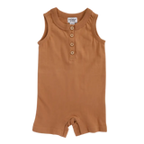 Sleeveless brown Henley Shorty Romper with button placket for little adventurers